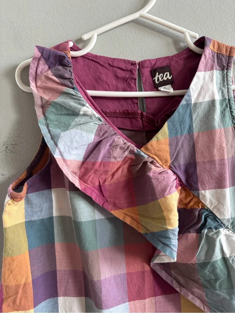 Tea Collection Girls Madras Ruffle Tank Dress Suez Plaid Sleeveless size 8